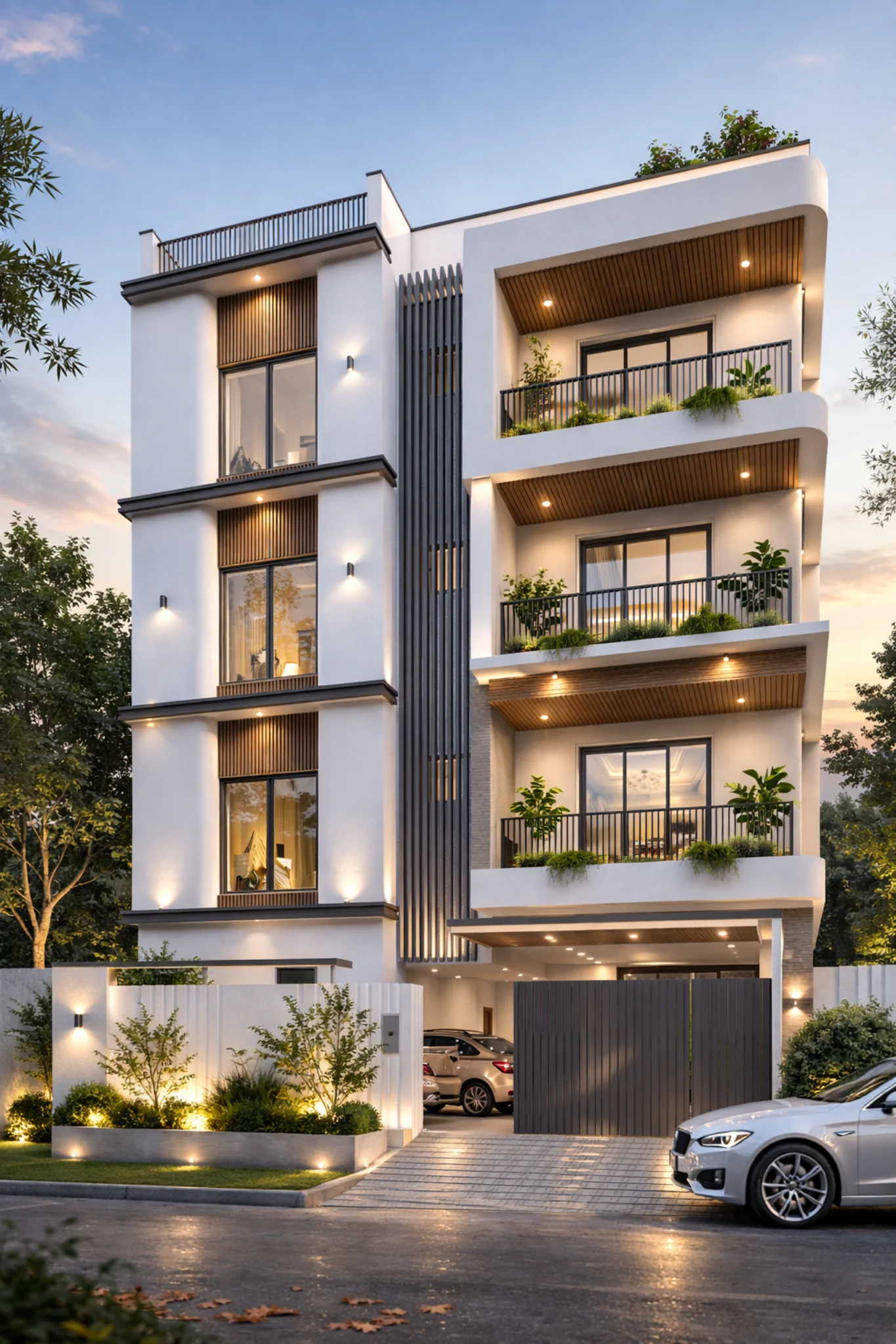 A completed multi-storey Jehovah Builders residence at dusk, its balconies lit and planted.