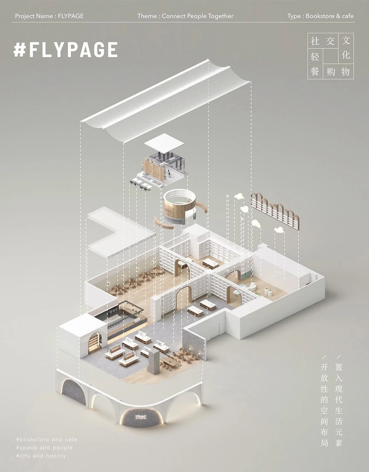 An exploded axonometric drawing separating a building into its floor levels.