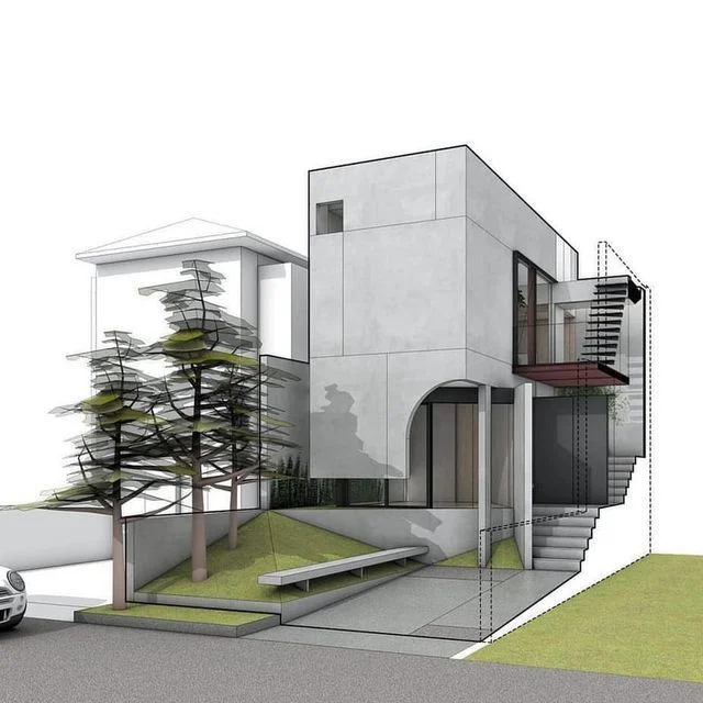 A three-dimensional elevation render of a modern concrete and glass house.