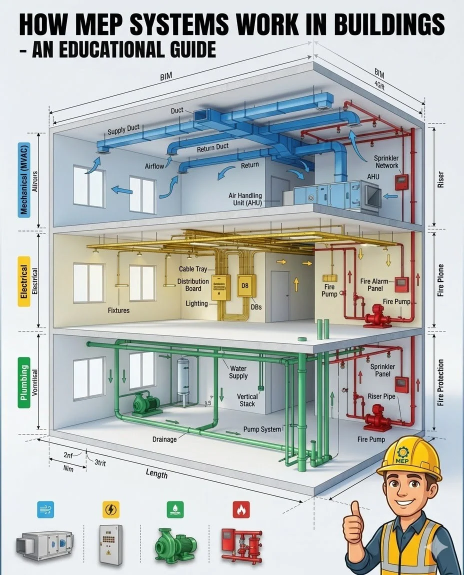 A cutaway diagram of a three-storey building showing the mechanical, electrical and plumbing services on each floor.