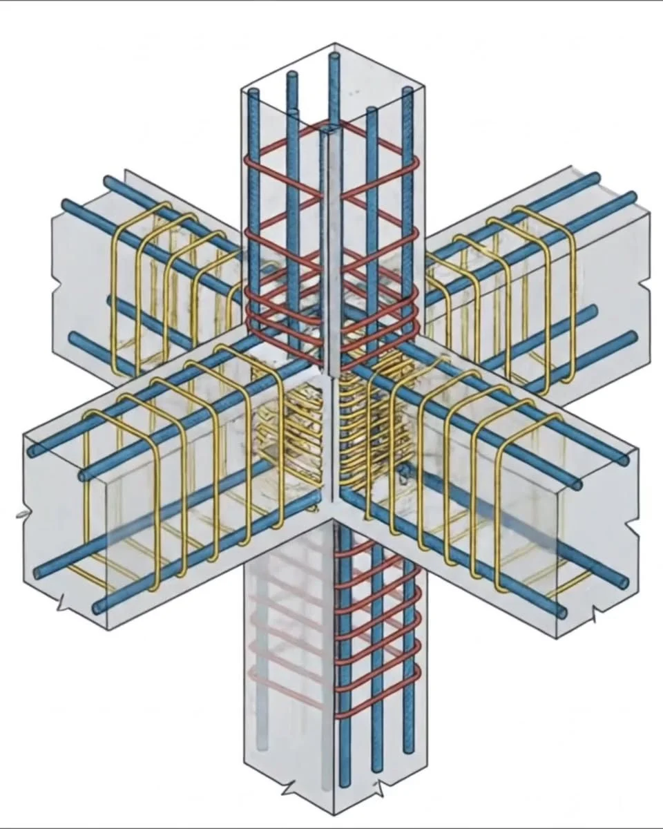 A structural detail of a reinforced concrete beam-and-column junction, showing the bar layout and stirrups.